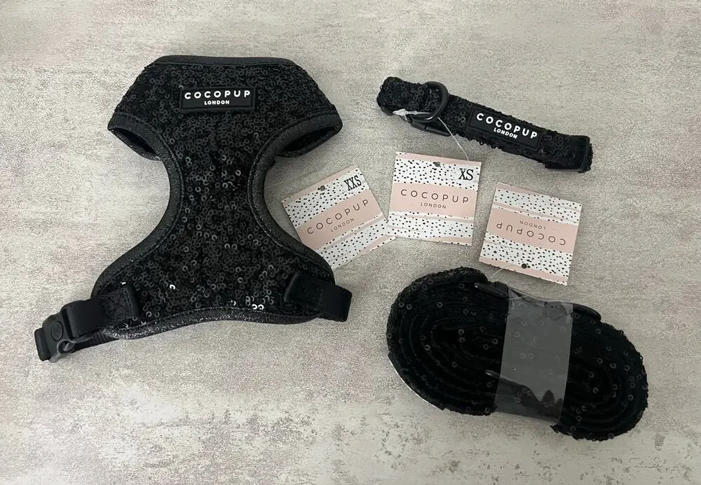 Cocopup Luxe Black Sequin Adjustable Harness XXS Collar, and Lead - Leash NWT